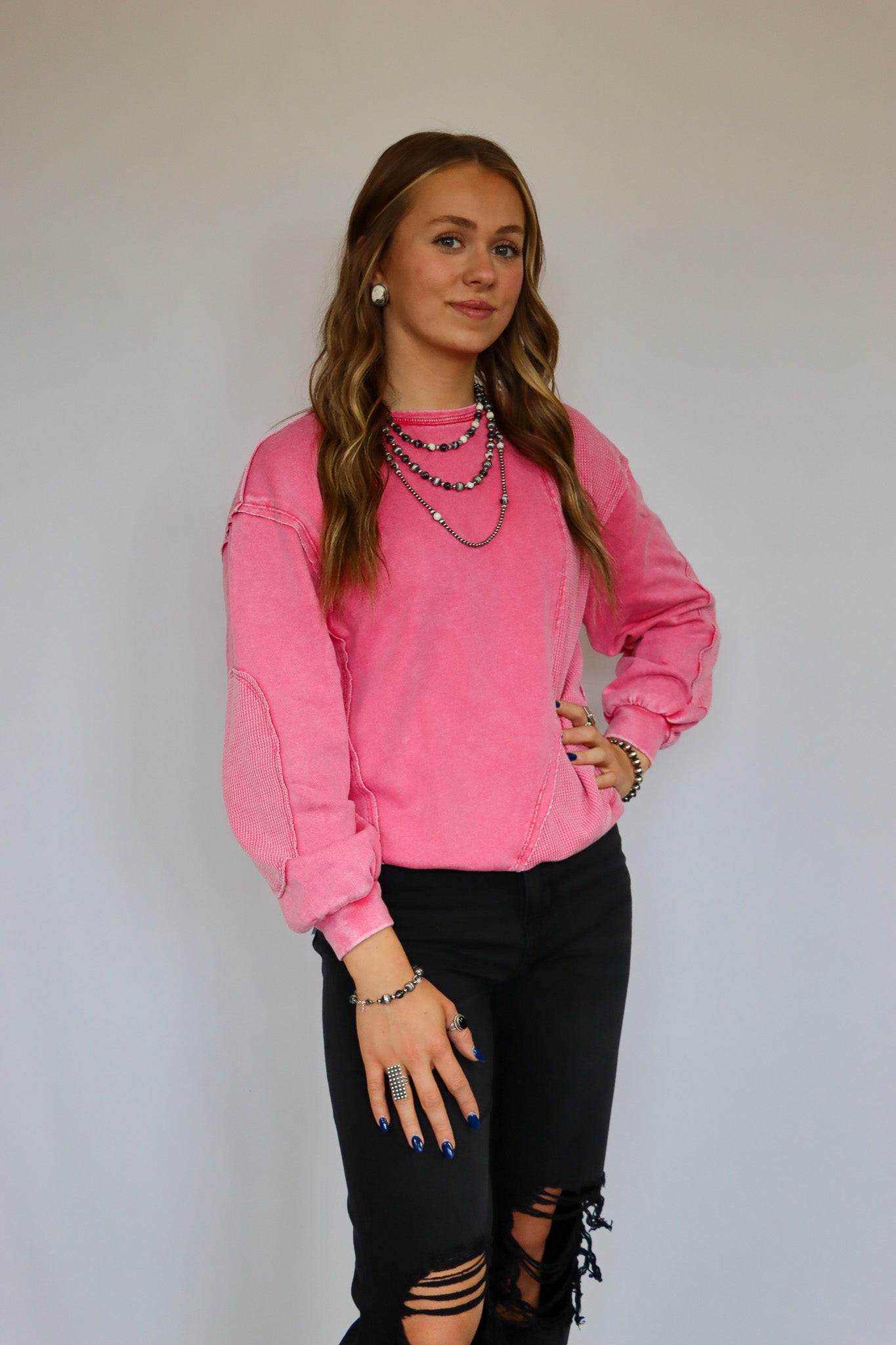 Pink Exposed Seam Waffle Knit Sweatshirt