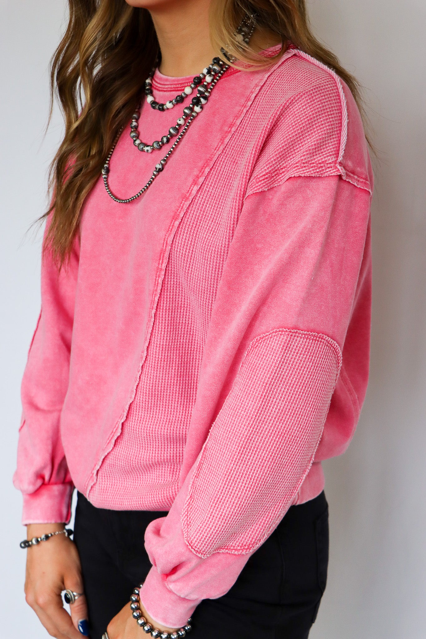 Pink Exposed Seam Waffle Knit Sweatshirt