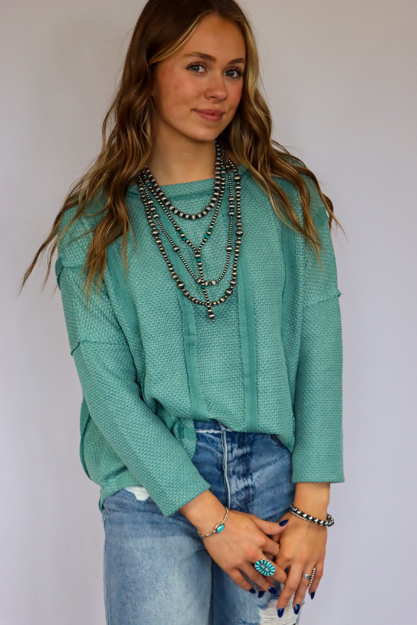 Green Exposed Seam Waffle Knit Loose Top