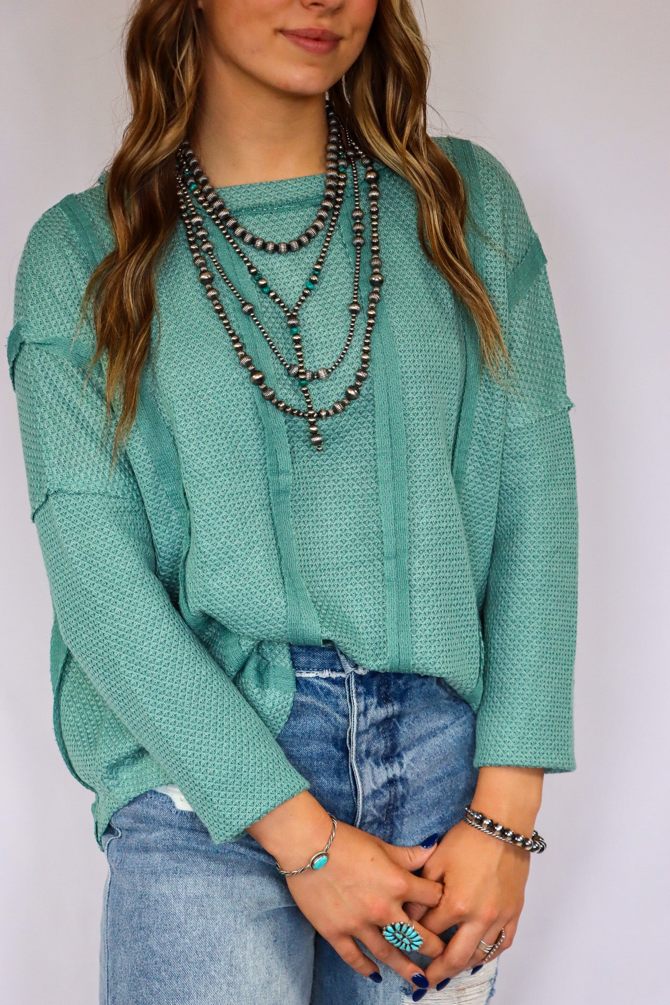 Green Exposed Seam Waffle Knit Loose Top