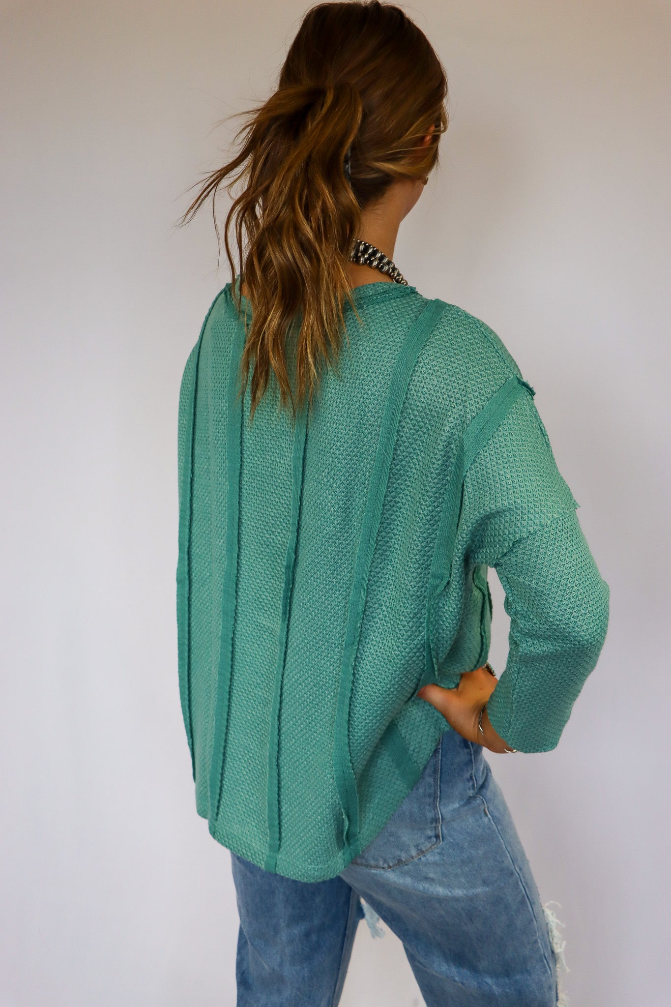 Green Exposed Seam Waffle Knit Loose Top