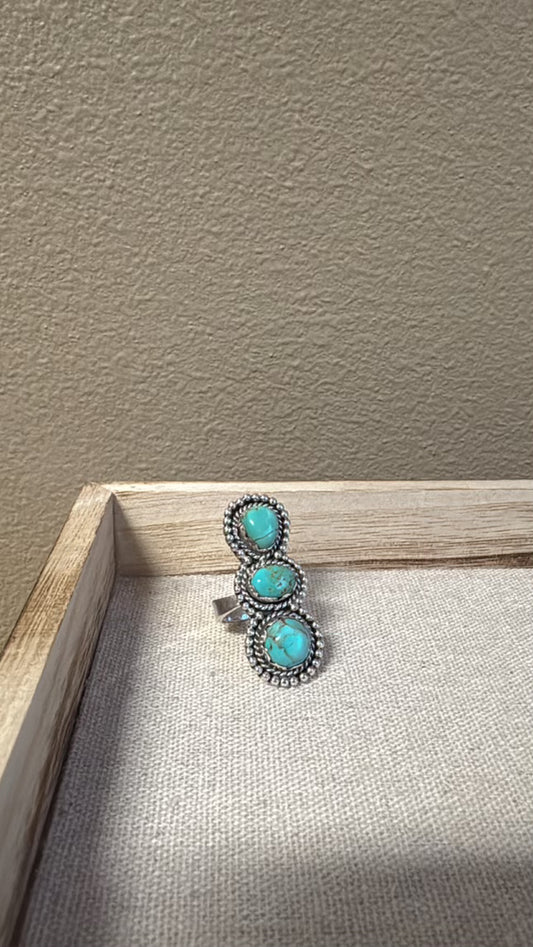 3 Stone Beautiful Handmade Turquoise And Sterling Silver Adjustable Ring